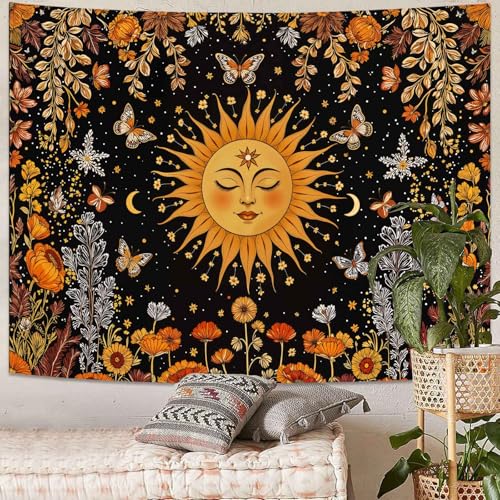 Kanuyee Sun and Moon Tapestry Nature Style Tapestry for Bedroom Celestial Starry Sky tapestries Wall Hanging Aesthetic Room Decor Smiling Sun with Butterflies 80"x60" - color: Black Orange, size: 80"L x 60"W