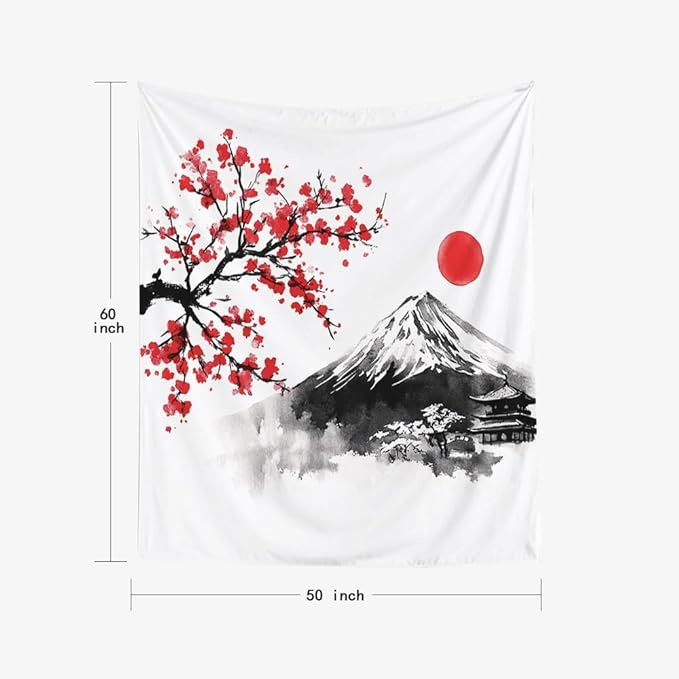 EMMTEEY Mountain Tapestry Wall Art Vertical 50X60 Inch-Ink Red Flowers and Fuji Mountain Durable Hanging Tapestry for Living Room
