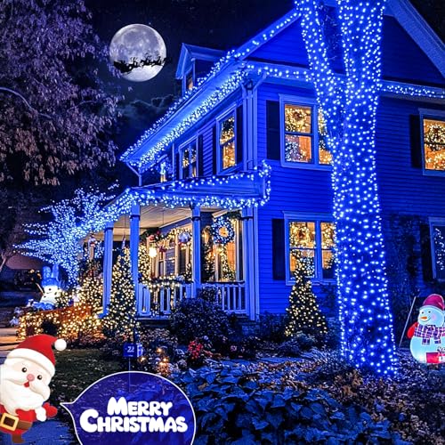 JMEXSUSS 600 LED Blue Solar Christmas Lights, 206.7ft Blue Christmas Lights Outdoor Waterproof, 8 Modes Solar Light Outdoor for Yard Patio Tree Garden Party Bushes Xams Decorations - color: Blue, size: 600LED*1