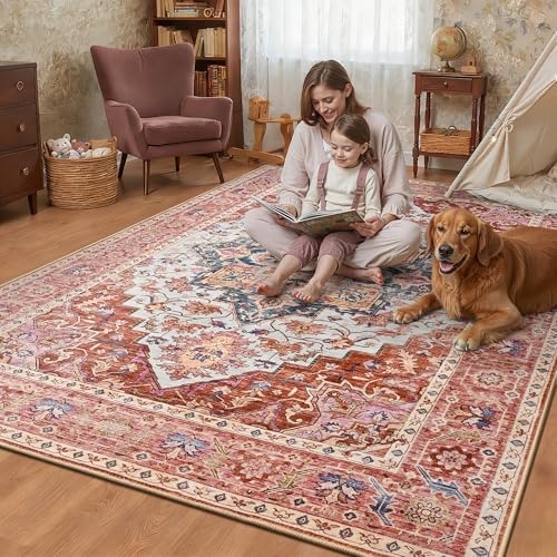 Foxmas 5x7 Area Rugs for Living Room, Machine Washable Vintage Rug, Non-Slip Low Pile Throw Rugs with Rubber Backing Washable Carpet for Bedroom Dining Room Kitchen Home Decor, Orange - color: Orange, size: 5' X 7' (Rectangular)