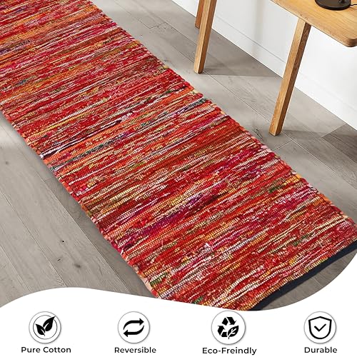 Cotton Hand Woven Area Runner Rug 2x6 Feet - Multi, Farmhouse Indoor Outdoor Decorative Floor Runners Ideal for Hallways, Kitchen, Bedroom | Red Reversible Recycled Patio Mat for Living Room - color: Multi Cotton, size: 2 x 6 feet (Runner)
