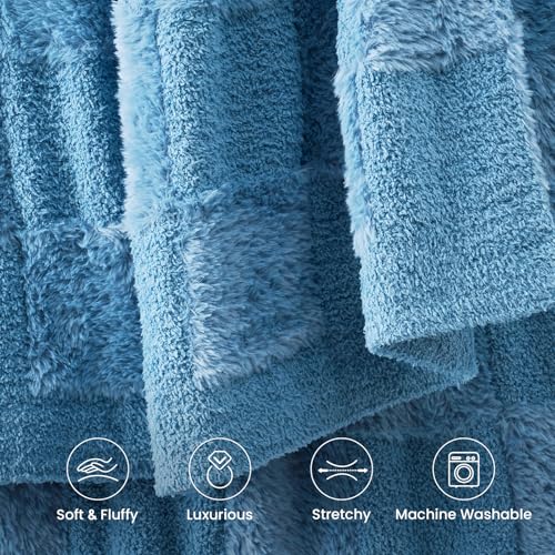 Snuggle Sac Faux Fur Checkered Blanket Twin Size with Soft Knitted Microfiber Fabric,Cozy Soft Warm Blanket for Sofa Bedroom Living Room,Solid Blue,60x80 inches - color: Solid Blue, size: Twin(60"x80")