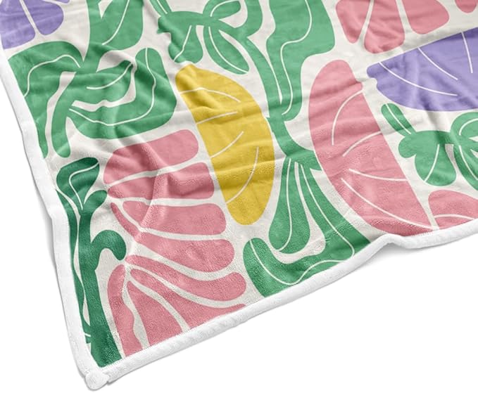 Boho Abstract Colorful Floral Throw Blanket, Vintage Retro Patchwork Purple Green Flower Botanical Geometric Aesthetic Groovy Flannel Throw Blanket for Chair Bed Sofa Couch, 60X70IN