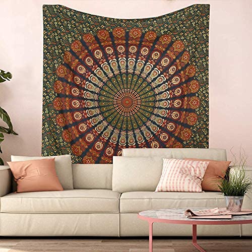 Bless International Handmade Indian hippie Bohemian Psychedelic Peacock Mandala Wall hanging College Dorm Beach Throws Table Cloth Bedding Tapestry (Golden Green, King(88x104Inches)(225x265Cms)) - color: Golden Green, size: 104"L x 88"W
