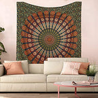 Bless International Handmade Indian hippie Bohemian Psychedelic Peacock Mandala Wall hanging College Dorm Beach Throws Table Cloth Bedding Tapestry (Golden Green, King(88x104Inches)(225x265Cms)) - color: Golden Green, size: 104"L x 88"W