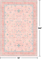 Washable Pink and Blue 6x9 Oushak Rugs for Bedroom Girls, Living Room Kids Playroom Nursery Room, Modern Floral Distressed Design, Soft Faux Wool Low Pile Non Slip Stain Resistance Carpet