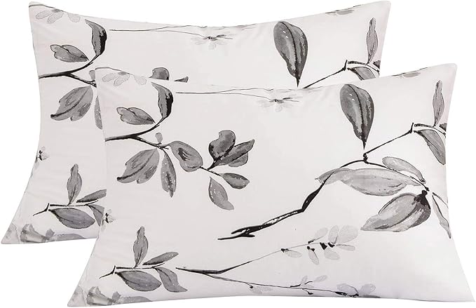 NANKO Queen Pillow Case Set (2 Pack), White Floral Printed Pattern Pillowcases/Pillow Shams for Modern Duvet Cover/Bed Sheets Set- 20x30 inch Standard, Grey Flower Leaf