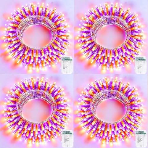 Pooqla 4 Pack String Lights Battery Operated, Total 66.6ft 200 LED Fairy Lights Indoor Outdoor Decorations, 8 Modes Battery Lights for Halloween Bedroom Classroom Porch Party Yard Decor, Orange Purple - color: Orange and purple, size: 50 LED x4