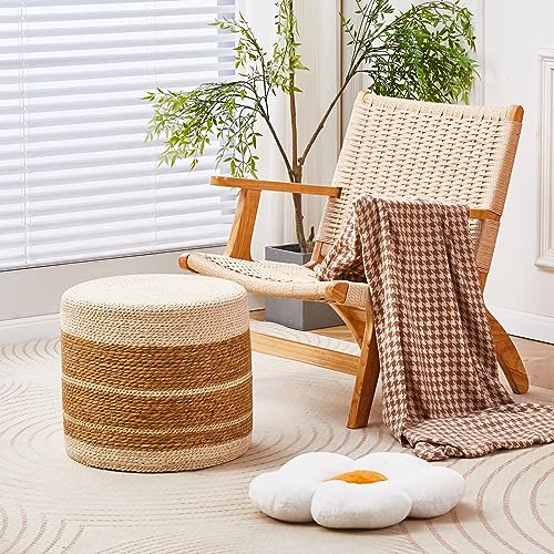 Wimarsbon 18'' Ottoman Pouf, Natural Braided Poof, Rustic Handweave Lounge Pouffe, Boho Footrest Stool for Bedroom, Accent Table or Seat for Living Room - color: 18inch Natural Cattail + Natural Corn Husk