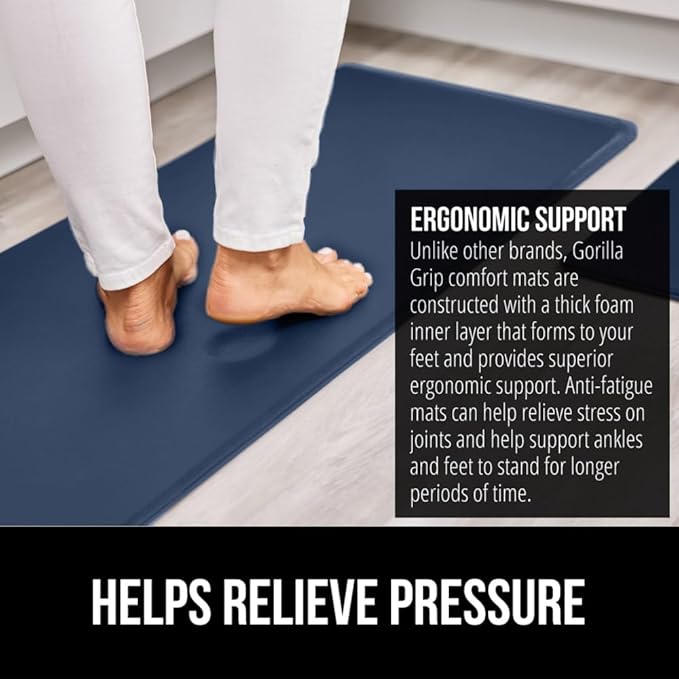 GORILLA GRIP 2 Pack Comfortable Cushioned Kitchen Mats for Floor, 17x29 + 17x59, Waterproof and Stain Resistant, 1/2 Inch Thick Soft Ergonomic Standing Desk Anti Fatigue Mat, Foam Supports Feet, Navy