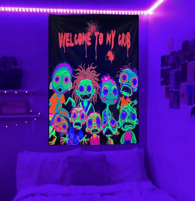 Horror Tapestry Blacklight Tapestry for Bedroom Zombie Crowd Around Tapestries UV Reactive Poster Glow in the Dark Walker Undead Ghoul Tapestries Wall Hanging Halloween Decor Scary Room Decor 59"x51"