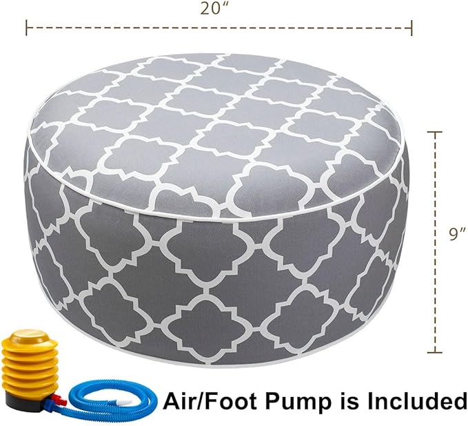 Outdoor/Indoor Inflatable Ottoman Pouf D20 xH9, All Weather Round Footstool with Foot Pump, Water Repellent Portable Footrest with Handle for Patio Garden Camping Travel-Grey Geometry