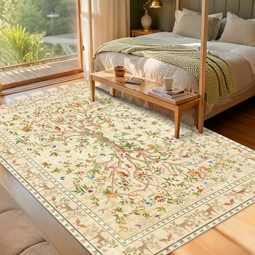 5x7 Area Rugs, Machine Washable Non-Slip Rug, Boho Floral Botanical Soft Low Pile Throw Rugs for Living Room, Bedroom, Dining Room, Office (Beige) - color: Beige, size: 7' x 5' (Rectangular)