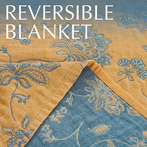 jinchan Boho 100% Cotton Muslin Twin Size 60x80 Inches Blanket Lightweight 4-Layer Quilted Soft Yellow and Blue Floral Throw Blanket Reversible Comfy Flower Breathable All Seasons Couch Bedroom Decor - color: Floral Yellow Blue, size: 60"x80"