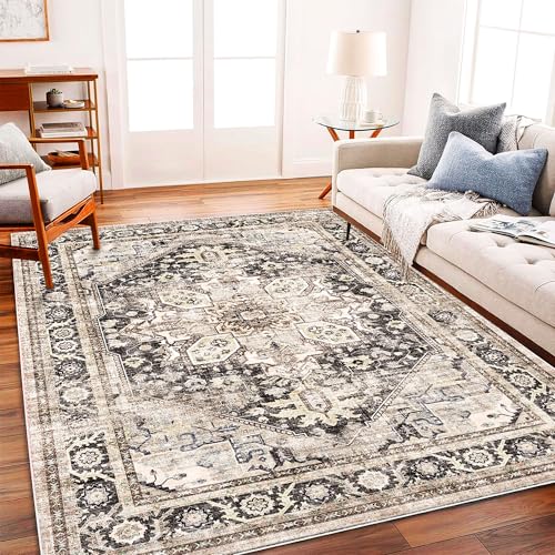 CHAMPLANT Area Rug 6'x9' Black-Purple Khaki Washable Vintage Traditional Floor Cover Thin Retro Kitchen Indoor Distressed Non Slip Carpet for Living Room Bedroom Dining Room - color: Black-purple Khaki, size: 6' x 9' (Rectangular)