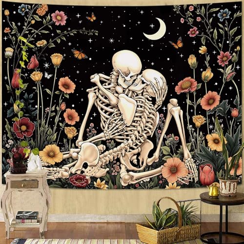 Haibimen Skeleton Tapestry Wall Hanging Dark Romance Moon Stars Butterfly Floral Skull Gothic Tapestries for Bedroom Aesthetic Wallpaper Decor for Living Room, Dorm (Black 1, 80''×60'') - color: Black 1, size: 80''×60''