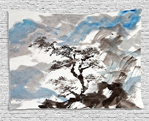 Ambesonne Japanese Tapestry, Depiction of Pine Tree Landscape on Hill Mountain with Rough Blasts, Wide Wall Hanging for Bedroom Living Room Dorm, 60" X 40", Blue Grey - color: Blue Grey, size: 60"L x 40"W