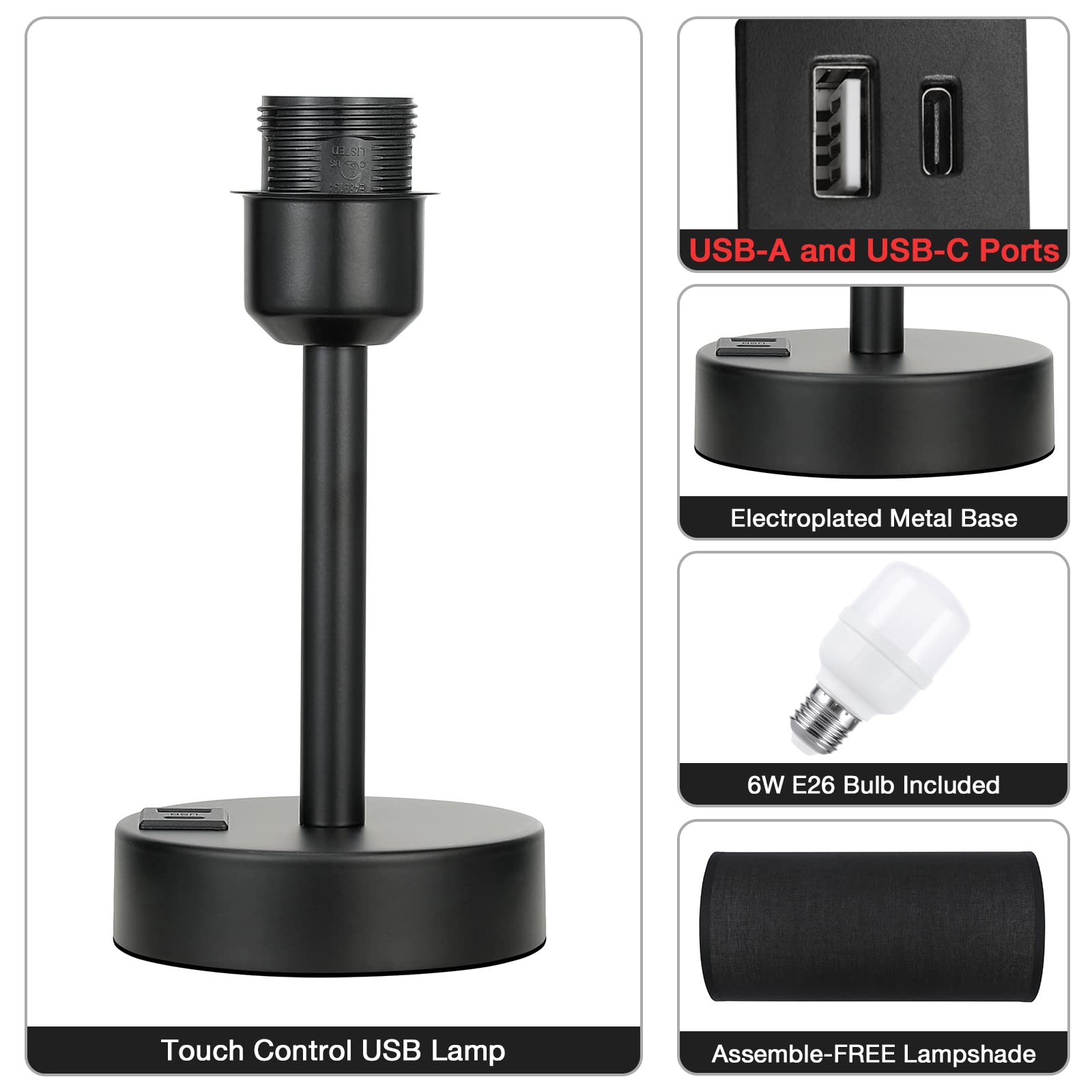 Black Touch Nightstand Lamps for Girl - Small Bedside Lamp with USB-C and USB Charging Ports, 3 Way Dimmable Control Table Lamp for Living Room Office, Dorm, Reading with Fabric Shade Black Base - color: Black-Black Metal, size: 14in