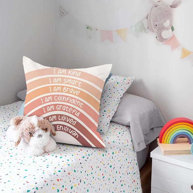 QIYUHOY Orange Kids Rainbow Classroom Throw Pillow Covers, Reading Nook Calming Corner Playroom Decor Pillow Case, Orange Play Room Throw Pillow Cover Decor for Girls Boys Room, 18x18 Inch