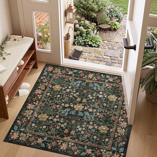 DUKINO 4x4 Square Rug for Living Room, Soft Vintage Floral Washable Rug with Non Shedding, Non Slip & Low Pile Floor Carpet for Entryway, Bedroom, Kitchen, Home Office, Kids Playroom, Black - color: Black, size: 4' x 4' (Rectangular)