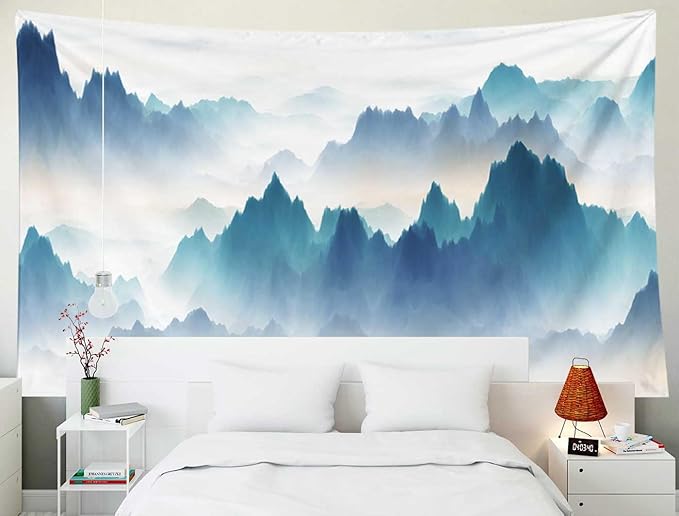 EMMTEEY Mountain Tapestry Wall Art - Mountains in Fog Landscape - 80x60 - Perfect for Families