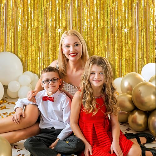 3 Pack Gold Foil Tinsel Backdrop Curtain Birthday Decorations Streamers for Dance Party Photo Booth Props Bachelorette Christmas Halloween New Years Eve Party Supplies - color: Gold