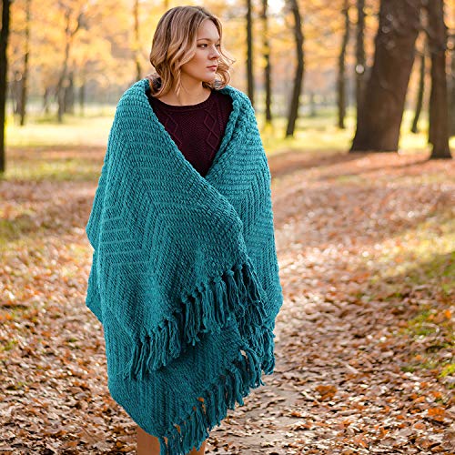 HOMEIDEAS Warm Tassel Knit Blanket Throw Size for Couch Sofa Bed, Teal Green Thick Knitted Armchair Office Chair Throw Blankets, Winter Chunky Blankets(50x60) - color: Teal Green