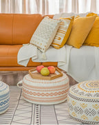 MOCOFO Unstuffed Round Pouf Cover, Boho Geometric Ottoman Footstool Cover with Handle, Decorative Floor Pillow & Storage Bean Bag for Living Room, Nursery, Patio (Yellow,18x18x8)