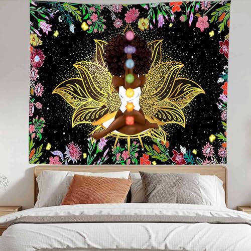 Ine Ive African Chakra Tapestry African American Woman Zen Meditation Poster Starry Sky Flower Garden Inspirational Afro Yoga Wall Art Tapestry for Bedroom Dorm Decor (60x51 inch) - size: 60"L x 51"W