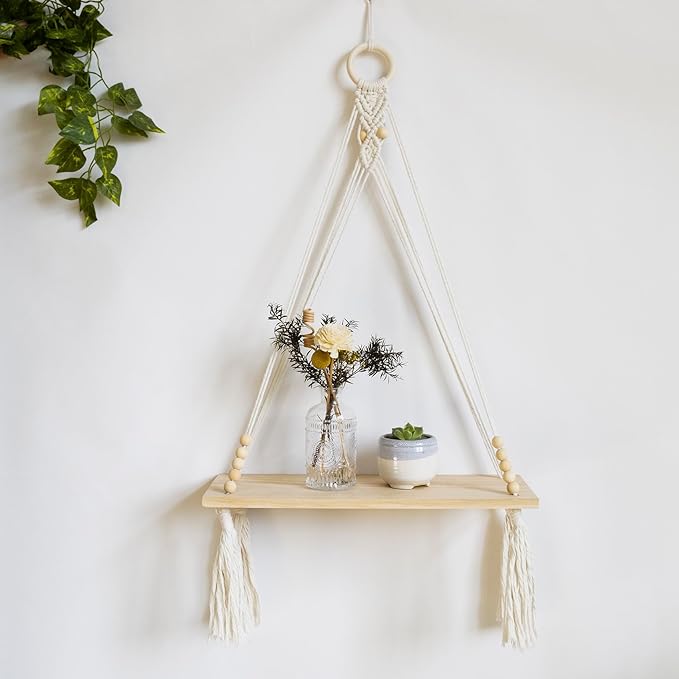 HVEST Macrame Wall Hanging Shelf Boho Wall Decor Floating Storage Book Shelf Beige Handmade Woven Tapestry for Bedroom Living Room Dorm Nursery Bathroom Wall Art Macrame Plant Hanger