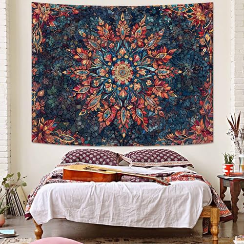 Accnicc Boho Floral Mandala Tapestry for Bedroom Hippie Bohemian Flower Wall Tapestry Aesthetic Small Stained Glass Red Blue Indian Tapestries Wall Hanging for Living Room Dorm Decor 60 x 44 Inch - color: Orange Blue, size: 60"L x 44"W