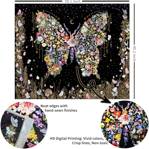 Damanse Butterfly Tapestry Wall Hanging Cute,Boho Wall Tapestry for Bedroom Aesthetic,Flower Living Room Decor for Teen Girls (Black, 49.20" x 59.10") - color: Black, size: 59.1"L x 49.2"W