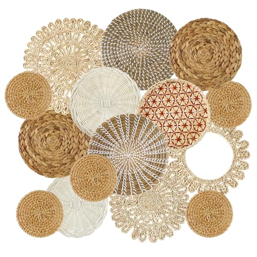 Xuhal 15 Pcs Boho Wall Basket Decor Handcrafted Seagrass Woven Wall Basket Rustic Round Woven Hanging Art for Home Farmhouse Kitchen Table Living Room(Fresh Style) - style: Fresh Style