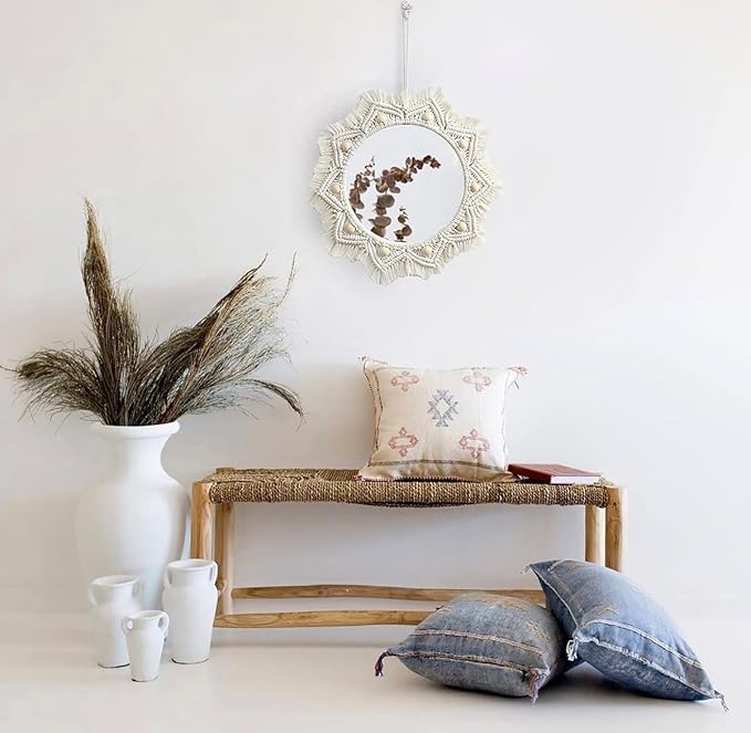 Artilady Macrame Hanging Wall Mirror - Boho Fringe Round Handmade Decorative Acrylic Mirror for Apartment Living Room Bedroom Baby Nursery Home Decor (Wood Beads)