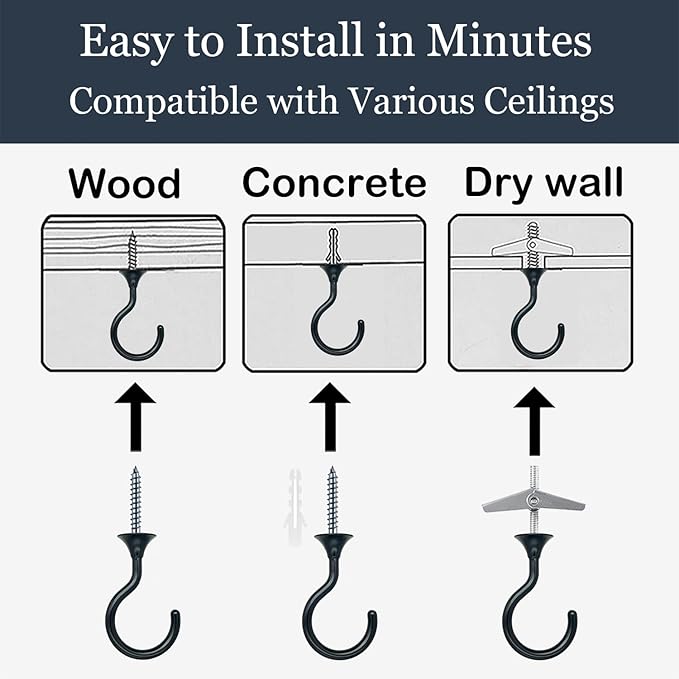 8 Sets Heavy Duty Swag Ceiling Hooks with Hardware for Hanging Plants, Cavity Wall Fixing, Easy Installation, Holds Up to 30lbs, Ideal for Home & Garden (8 Sets, Black)