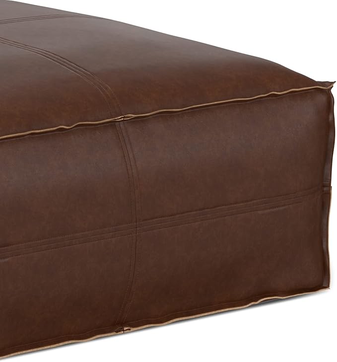 SIMPLIHOME Brody Large Square Coffee Table Pouf - 30 inch Wide Upholstered Vegan Leather Ottoman in Distressed Dark Brown, Boho Footstool, Coffee Table or Extra Seating for Living Room, Assembled