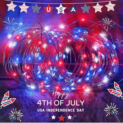 4th of July Decorations Solar String Lights 2Pack 400LED Independence Day Lights for Outside, Red White and Blue Solar Light Waterproof, Copper Wire 8 Modes Twinkle Light for Memorial Day National Day - color: Red Blue White, size: 2 Pack-400LED