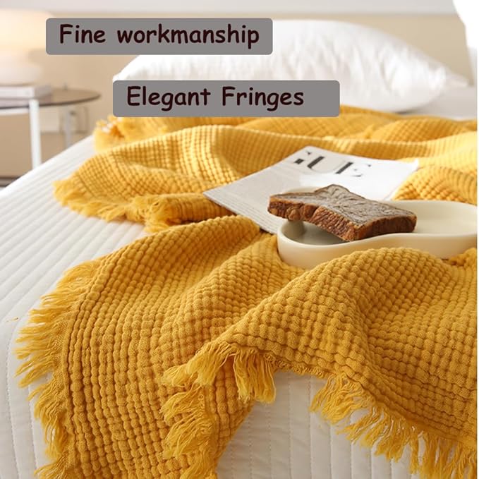 100% Cotton 4-Layer Muslin Blanket with Fringes, 50"x60", Mustard Yellow Throw Blanket, Ultra-Soft Gauze Blanket, Boho Bedding for All Seasons, Breathable for Couch, Bed(Mustard Yellow,Throw)