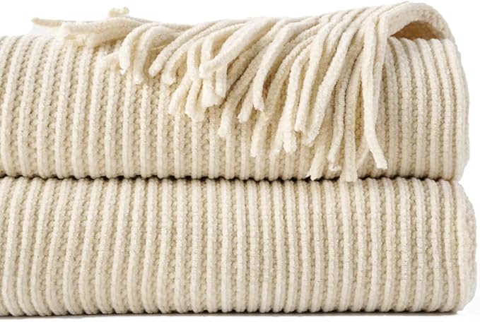 BATTILO HOME Beige Throw Blanket for Couch, Soft Chenille Knit Throws with Tassels for Home Decor, Spring Beige Throws for Couch Cover, 50"x60"