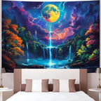 Heopapin Blacklight Moon Tapestry Lunar Lightning Tapestries for Bedroom UV Reactive Waterfall Forest Tapestry Magic Nature Landscape Tapestries Wall Hanging L92×W70