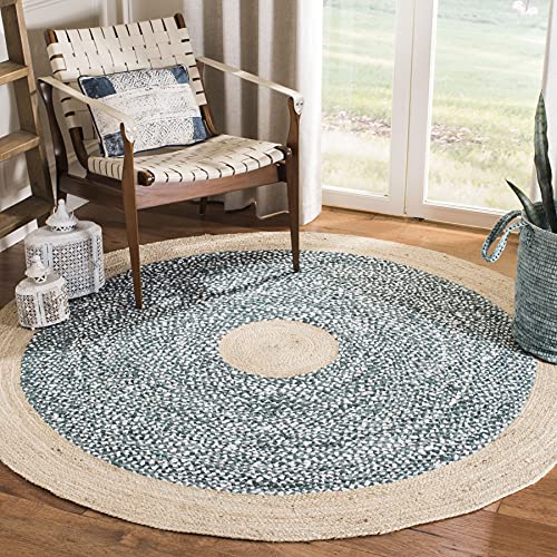 SAFAVIEH Cape Cod Collection 6' Round Light Blue / Natural CAP210M Handmade Braided Jute & Cotton Area Rug - color: Light Blue/Natural, size: 6' (Round)