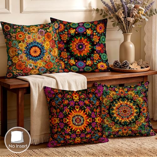 OBSEDE Boho Mandala Decorative Throw Pillow Covers 18x18 Set of 4, Vintage Floral Pillow Cases for Sofa Couch Living Room Decor - color: Classic Mandala Bloom Pattern, size: 18" x 18" (Pack of 4)