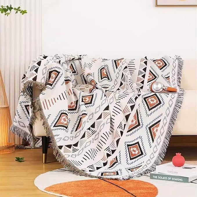 Lqprom Boho Throw Blankets Knit Bed Blankets with Tassel Aztec Western Throws Cover Farmhouse Decor for All Season Sofa Couch Chair Outdoor Camping Picnic Tent Beach Car Traveling 71"x91"