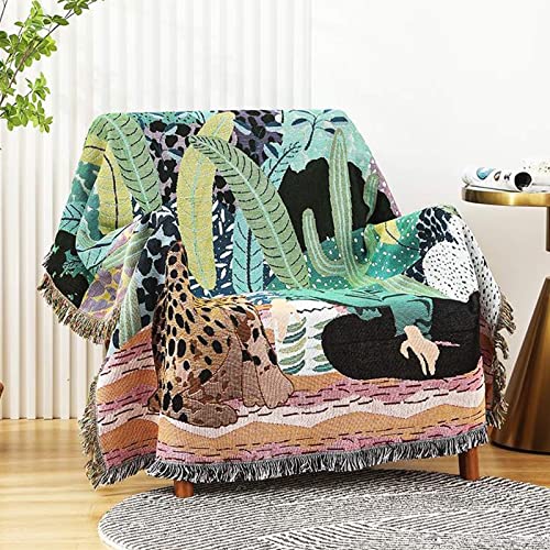 LumiSyne Double-Sided Cotton Woven Throw Blanket with Tassel Jungle Bohemian Style Tapestry Shawl Multi-Function Decorative Throws for Sofa Bed Armchair Camping Blanket Tablecloth Carpet 160x130cm - color: Jungle