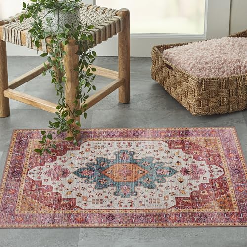 Moynesa Ultra-Thin Washable Runner Rug - Pink 2x4 Bedroom Bathroom Rug Runner Non-Slip Kitchen Rugs, Vintage Stain Resistance Low Pile Entryway Carpet Runner for Hallway Laundry Room - color: Pink/Multi, size: 2' x 4'