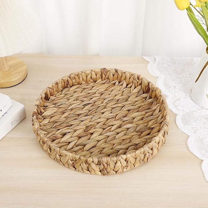 Kingwillow Small Handwoven Water Hyacinth Round Tray, Decorative Fruit & Servicing Basket for Centerpiece, Coffee Table, Dining & Home Decor