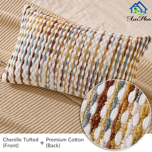 AmHoo Set of 2 Boho Chenille Pillow Cover Decorative Tufted Pillowcase for Couch Bed Sofa Bedroom Living Room Modern 12 x 20-Inch Brown - color: Brown, size: 20" x 12" (Pack of 2)