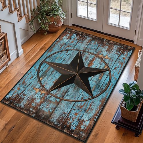 Western Area Rug 3x5,Rustic Barn Texas Star on Old Wooden Plank,Ultra-Thin Washable Throw Carpet Teal Rugs for Bedroom Indoor Vintage Rugs Non Slip Accent Floor Carpets for Entryway,Living Room,Office - size: 3'x5'