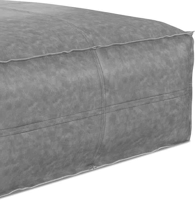 SIMPLIHOME Brody 30-inch Wide Large Square Coffee Table Pouf in Distressed Grey, Vegan Faux Leather Ottoman, Footrest, or Extra Seating for Living Room, Assembled