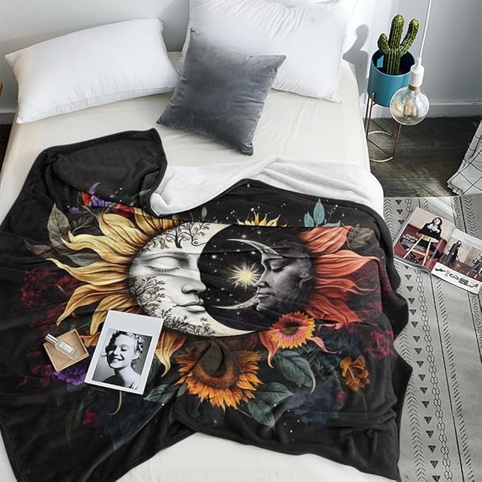 Celestial Sun Moon Flannel Blanket Boho Mid Century Day and Night Throw Blanket Farmhouse Colorfl Sunflower Throw Blanket Bed Blanket Yellow Flowers Plush Blanket for Bedroom Decor 70"x80"